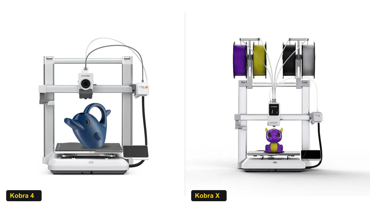 Anycubic Kobra 4 à esquerda, com o cabeçote de uma cor, e Kobra X à direita, com quatro rolos de filamento no suporte superior, em imagens oficiais lado a lado