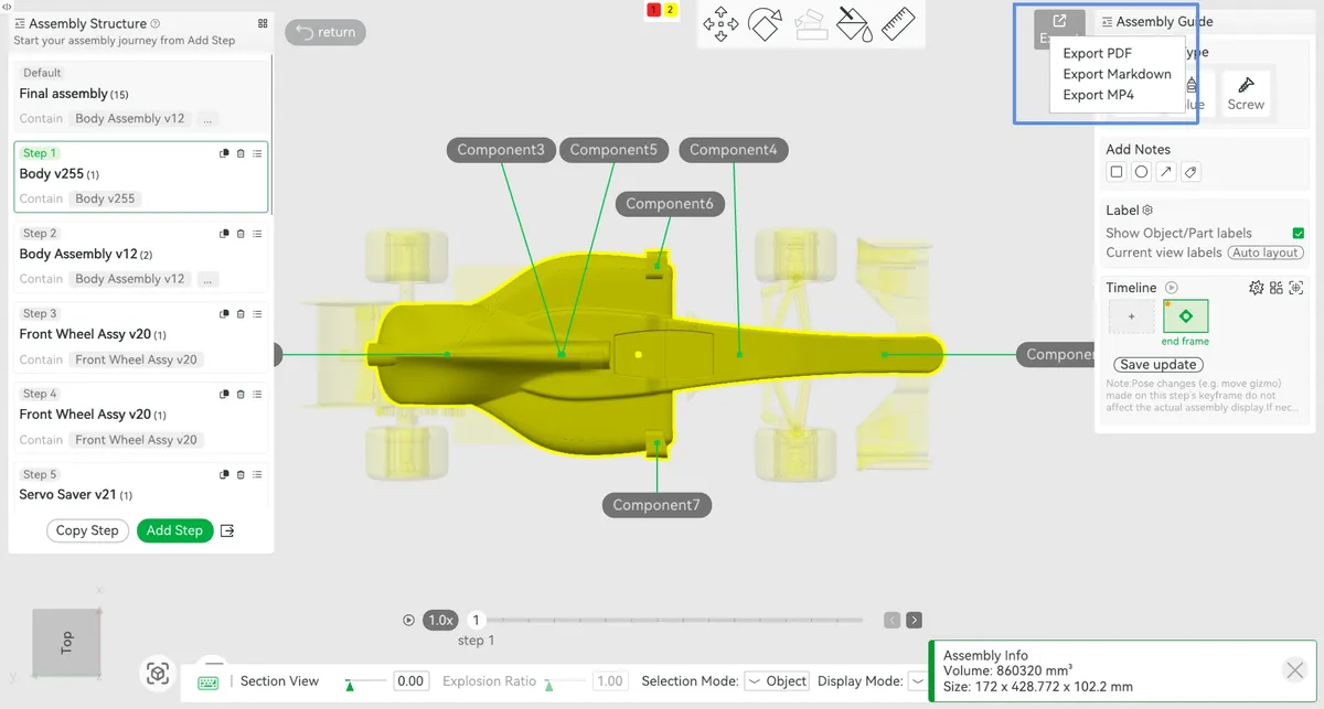 Tela do Bambu Studio com o recurso Assembly Guide aberto: lista de passos de montagem à esquerda, carro de Fórmula 1 em amarelo no centro e menu de exportação em PDF, Markdown e MP4