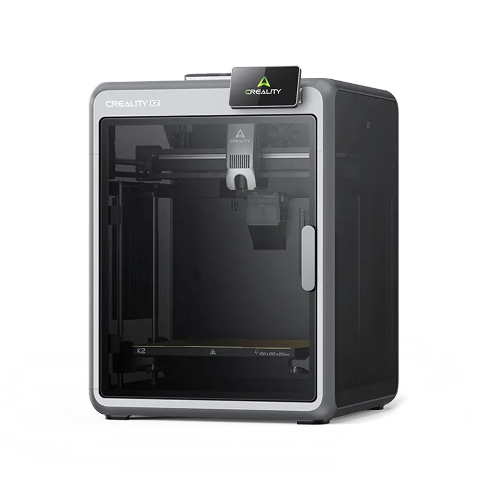 Impressora 3D Creality K2 fechada, com corpo cinza e preto e o logotipo verde da Creality na tela superior
