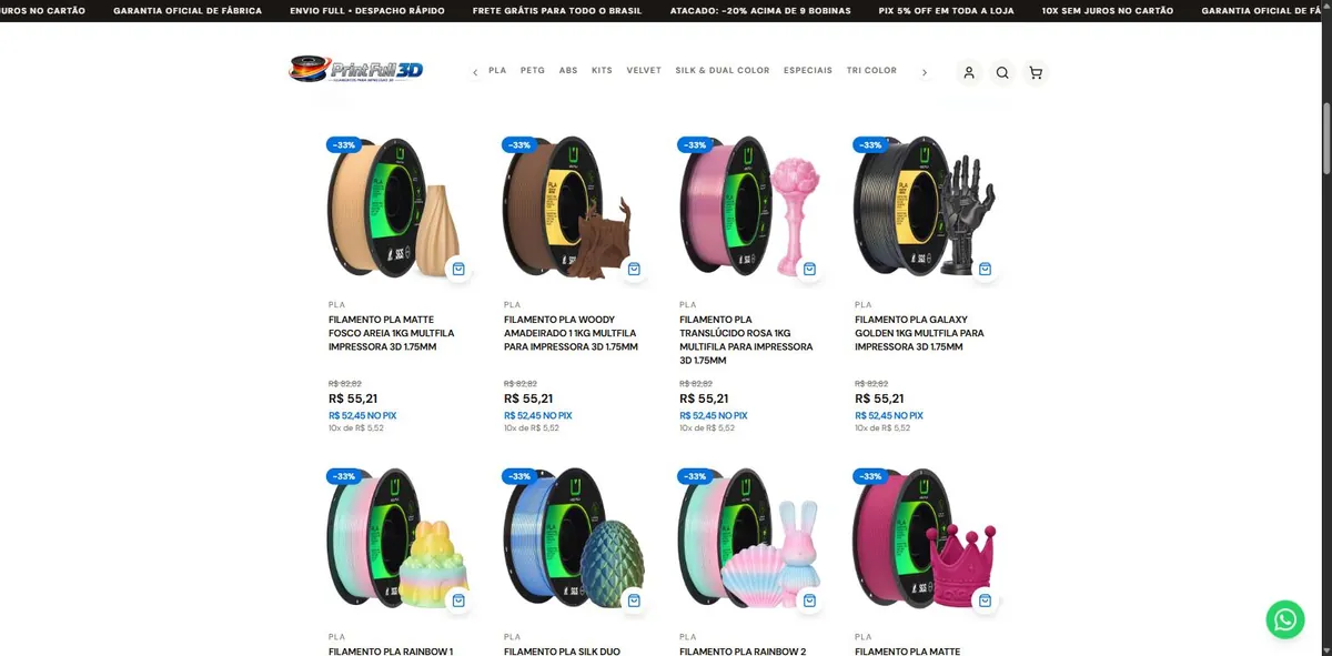 Página do site Print Full 3D exibindo bobinas de filamento Multfila com selo de 33% de desconto e preço de R$ 55,21