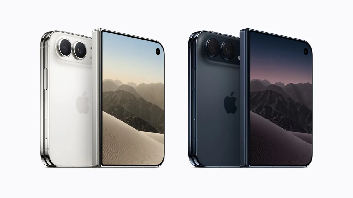 iPhone Duo, o iPhone dobrável da Apple, nas cores branco-estrela e céu noturno, aberto e fechado, em imagem oficial de divulgação