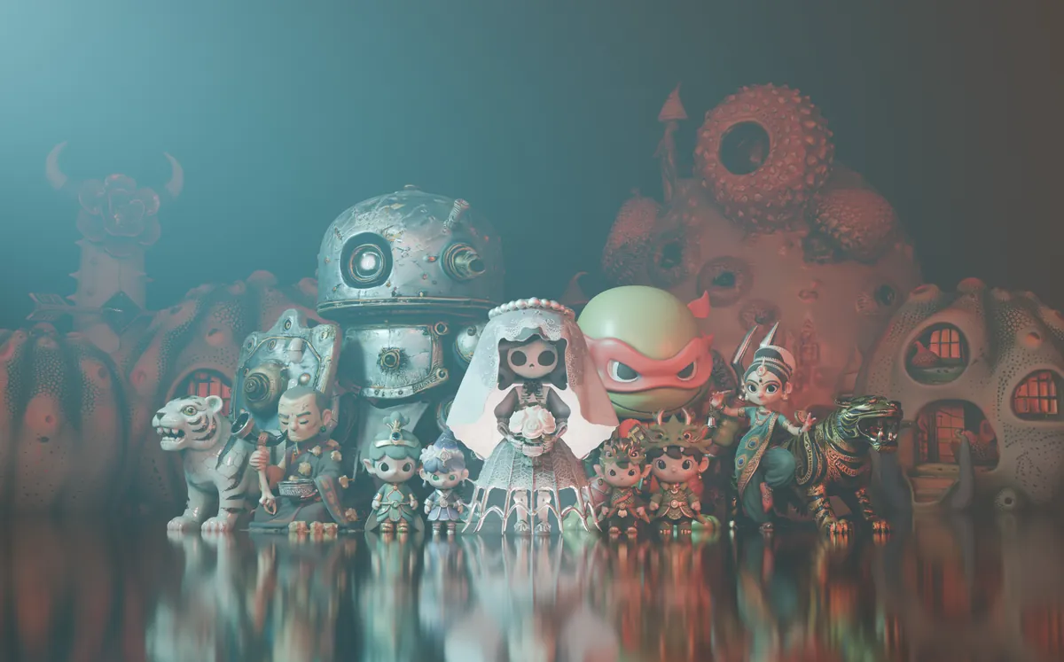 Fileira de bonecos e criaturas em 3D gerados por inteligência artificial — entre eles um tigre branco, um robô metálico, uma noiva de véu rendado e figuras de guerreiros — diante de construções orgânicas, com reflexo no chão molhado