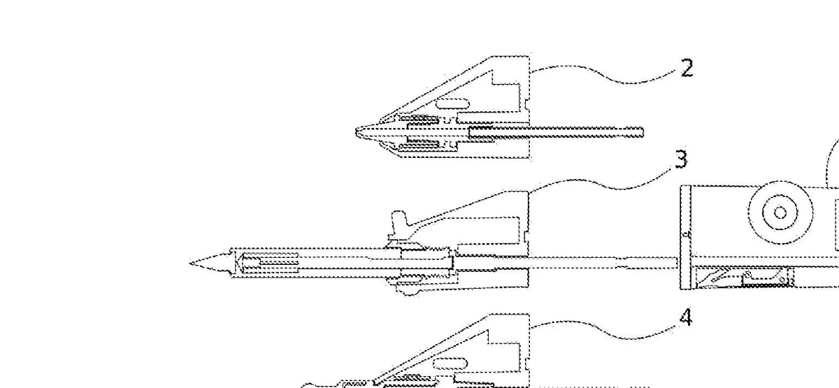 Desenho técnico da patente mostrando o corpo do multitool (1) e as três cabeças intercambiáveis: extrusora de filamento (2), solda (3) e alisamento (4)